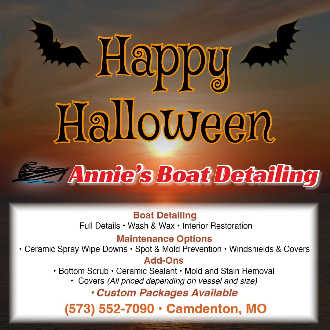 A Halloween-themed advertisement for Annie's Boat Detailing featuring a sunset background, bats, and a boat icon. Text highlights services including boat detailing, maintenance options, add-ons, and contact information in Camdenton, MO.