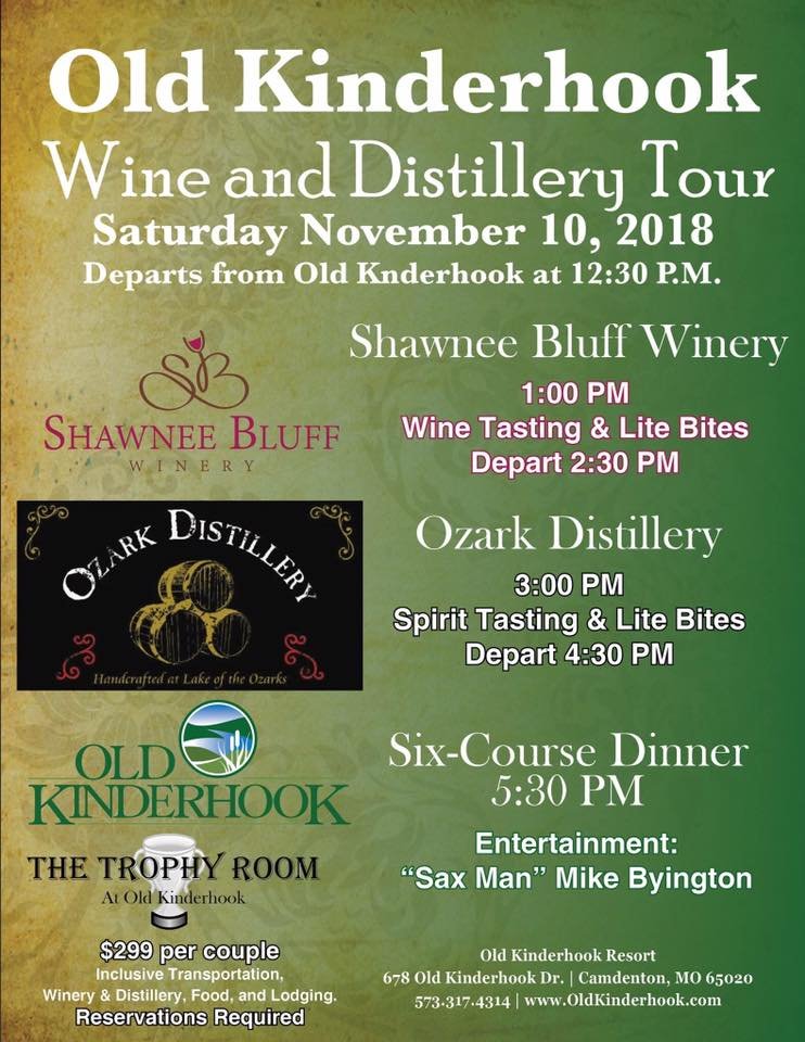 Event poster for Old Kinderhook Wine and Distillery Tour on Saturday, November 10, 2018, starting at 12:30 PM. The event features visits to Shawnee Bluff Winery at 1:00 PM with wine tasting and lite bites, departing at 2:30 PM, followed by Ozark Dist