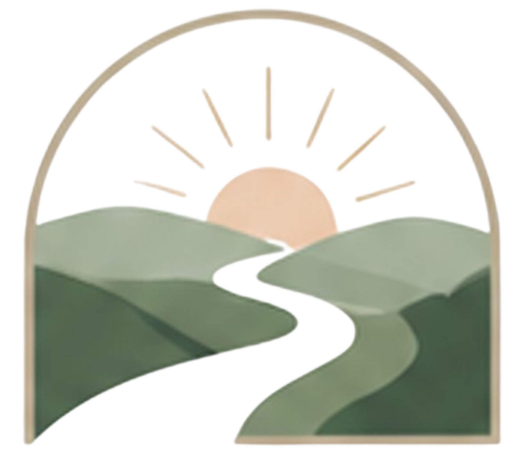 A stylized illustration of a sunrise or sunset over green hills with a pathway in the foreground.
