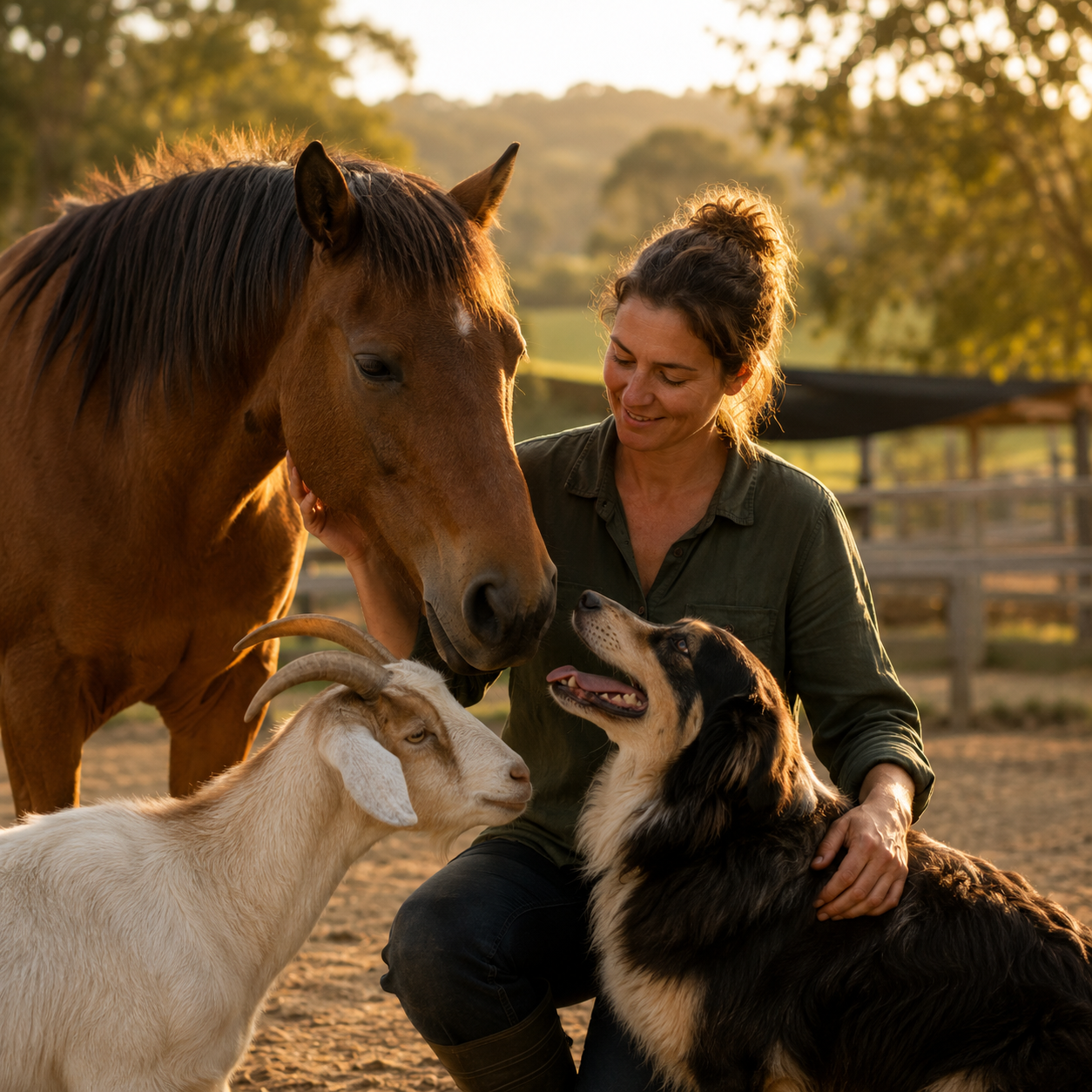 A woman interacting with a horse, dog, and goat in a farm setting during sunset.