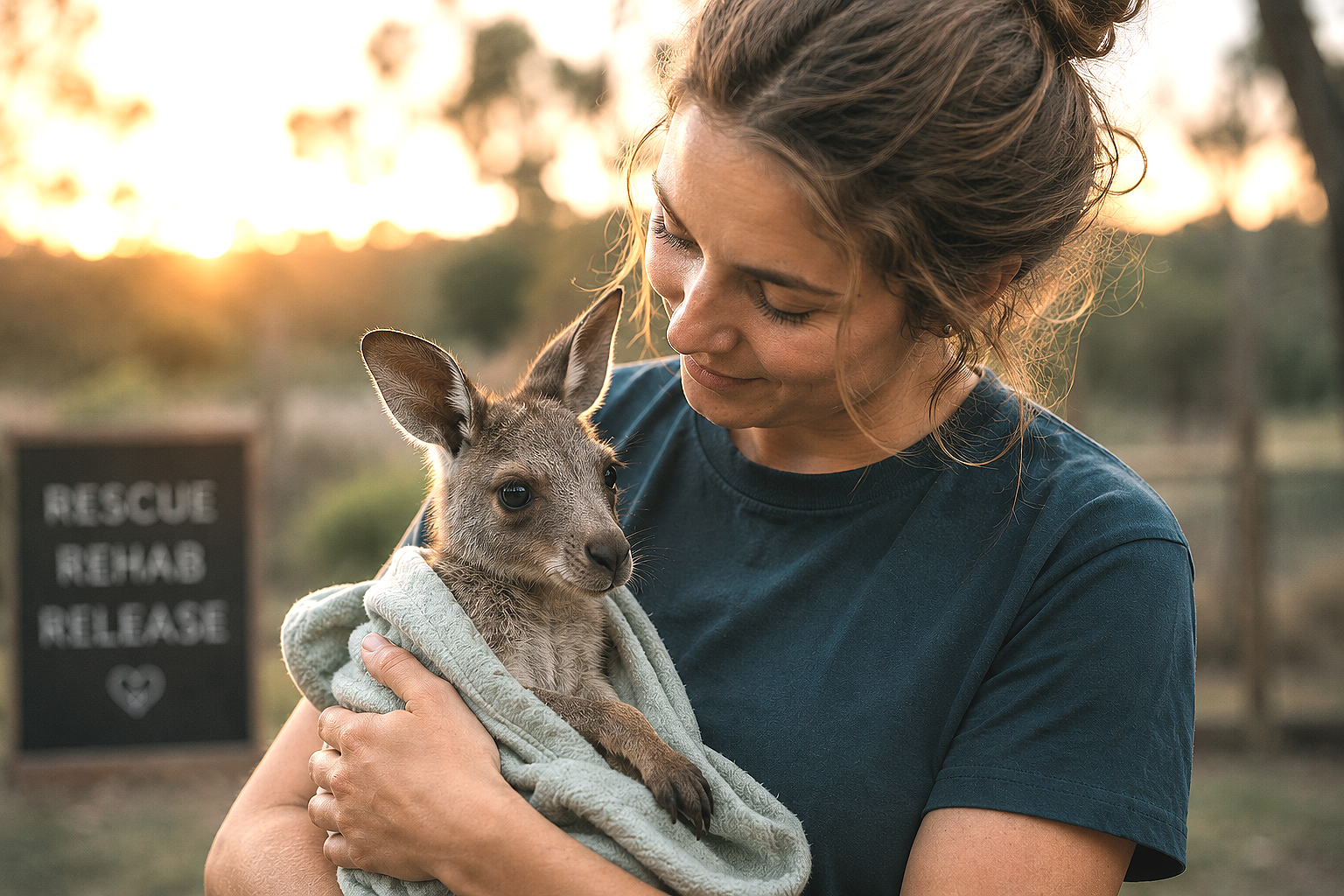 A woman holding a young kangaroo wrapped in a towel outdoors during sunset.