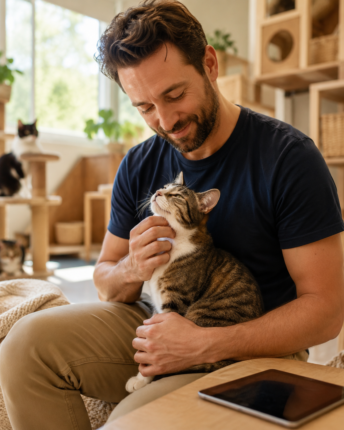A man petting a tabby cat sitting on his lap indoors, with other cats in the background near a window with trees outside.