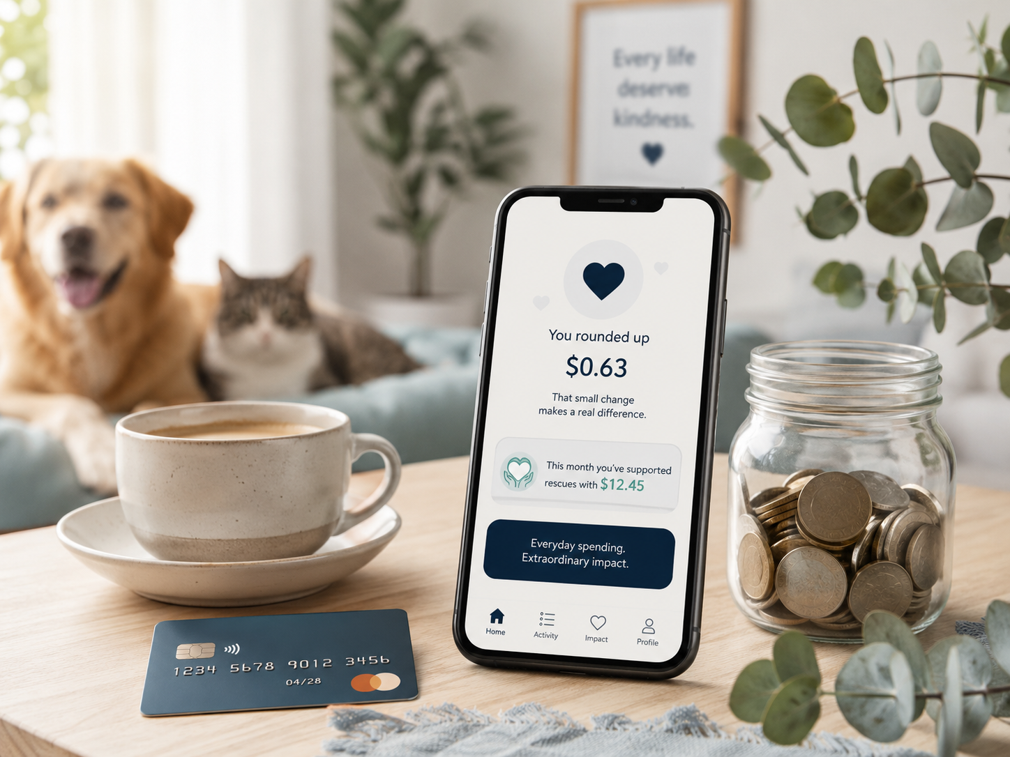 A smartphone on a wooden table displaying a donation app with a $0.63 rounded-up donation, a jar filled with coins, a credit card, a cup of coffee, a dog, and a cat in the background. Decor includes potted plants and a framed sign reading "Every life deserves kindness."