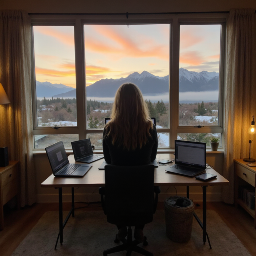 A woman sitting at a desk in front of a large window viewing snow-capped mountains and a colorful sunset sky.