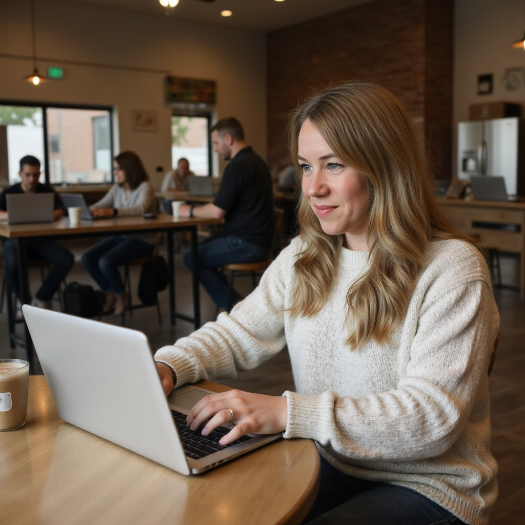 Woman working on a laptop at a coffee shop with other people in the background.