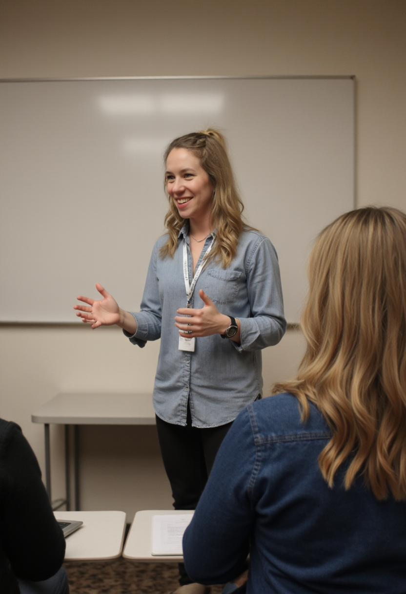 A woman giving a presentation in a classroom, smiling and gesturing with her hands, with two women seated in front of her and a whiteboard behind.