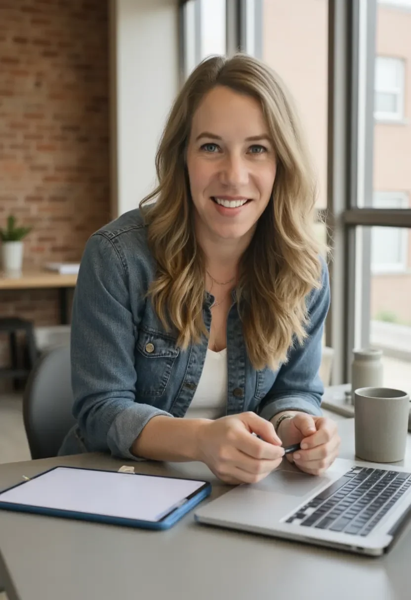 A woman with wavy blonde hair, wearing a denim jacket, sitting at a desk with a laptop, a tablet, a coffee mug, and some papers, smiling at the camera in a bright office with large windows.