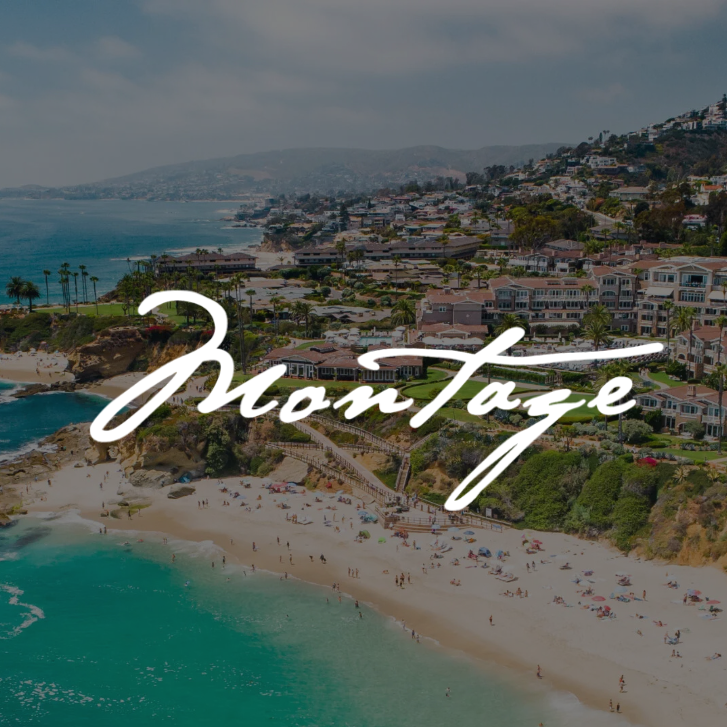 Aerial view of a coastal area with beach, ocean, and hillside neighborhood with houses and greenery.