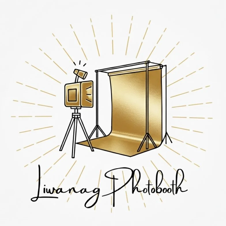 Graphic illustration of a photography studio setup with a camera on a tripod, a gold-colored backdrop, and golden rays emanating from the background, with the text "Liwang Photobooth" written below.