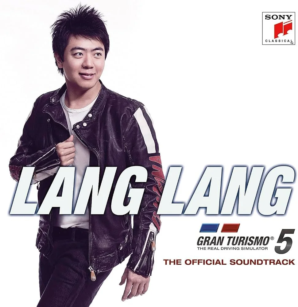 Cover art for the Gran Turismo 5 video game soundtrack featuring a young man in a leather jacket against a white background, with the title 'LANG LANG' and the game logo in the upper right corner.