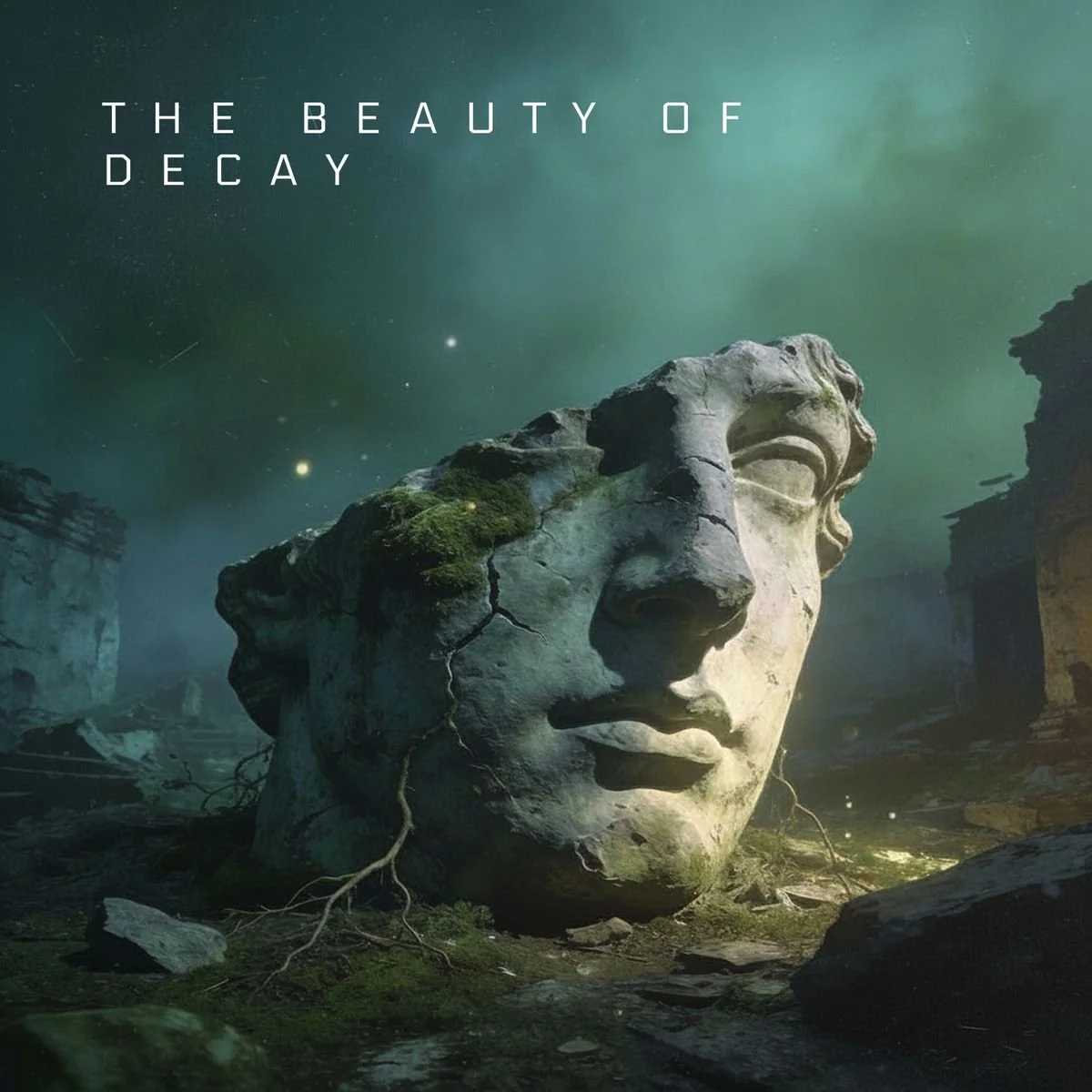 A ruined stone statue of a human face with cracks, moss, and roots growing on it, set in a mysterious, foggy landscape with ancient ruins in the background and the text 'The Beauty of Decay' at the top.