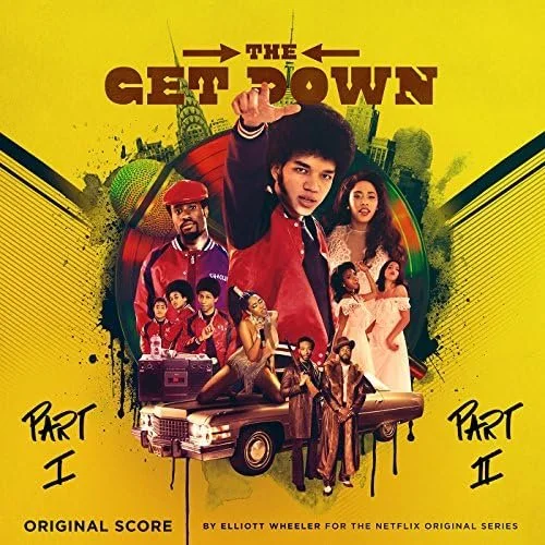 Promotional poster for the Netflix series 'The Get Down', featuring a collage of characters and urban imagery, with a yellow background.