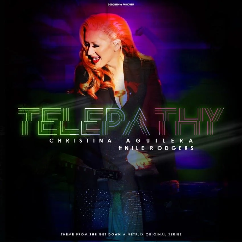 Promotional poster for the TV series 'Tell Me a Threat' featuring Christina Aguilera and Niler Rodgers with a digitally altered image of Christina Aguilera smiling and looking to the side, with colorful neon text.