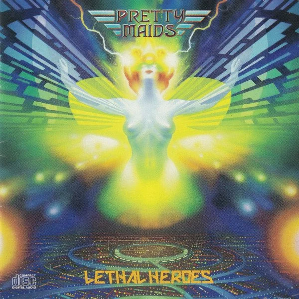 Album cover for Pretty Maids' "Lethal Heroes" featuring a glowing, angelic female figure with outstretched arms, vibrant colors, and futuristic background elements.