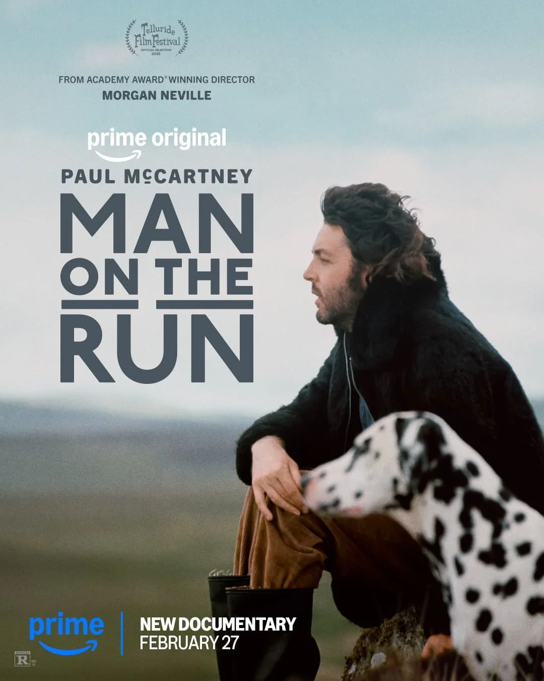 Poster for the documentary "Man on the Run" featuring Paul McCartney. The poster shows a side profile of Paul McCartney sitting outdoors, with a Dalmatian dog in the foreground. The background is a cloudy sky with a landscape below. The text indicate
