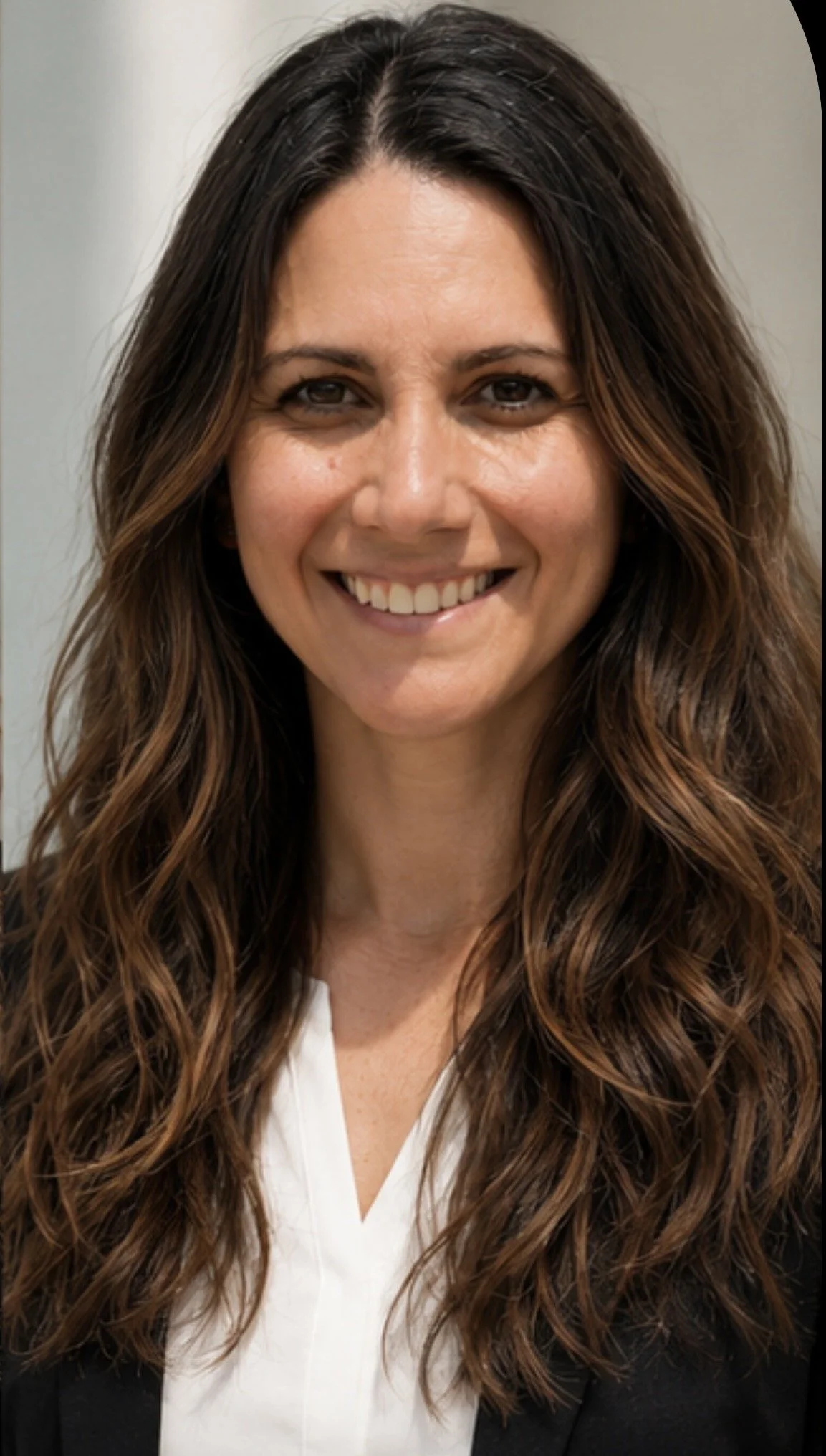 Close-up of a woman with long, wavy brown hair and a bright smile, wearing a white top and black blazer, against a neutral background.