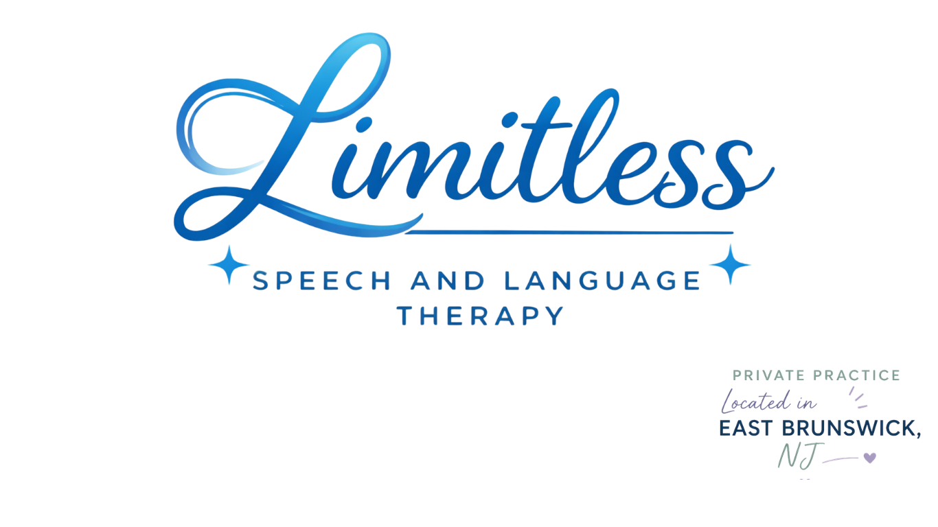 Colorful logo for Limitless Speech and Language Therapy with pink, green, purple, and blue colors, featuring decorative script and block fonts, and an address in East Brunswick, New Jersey.