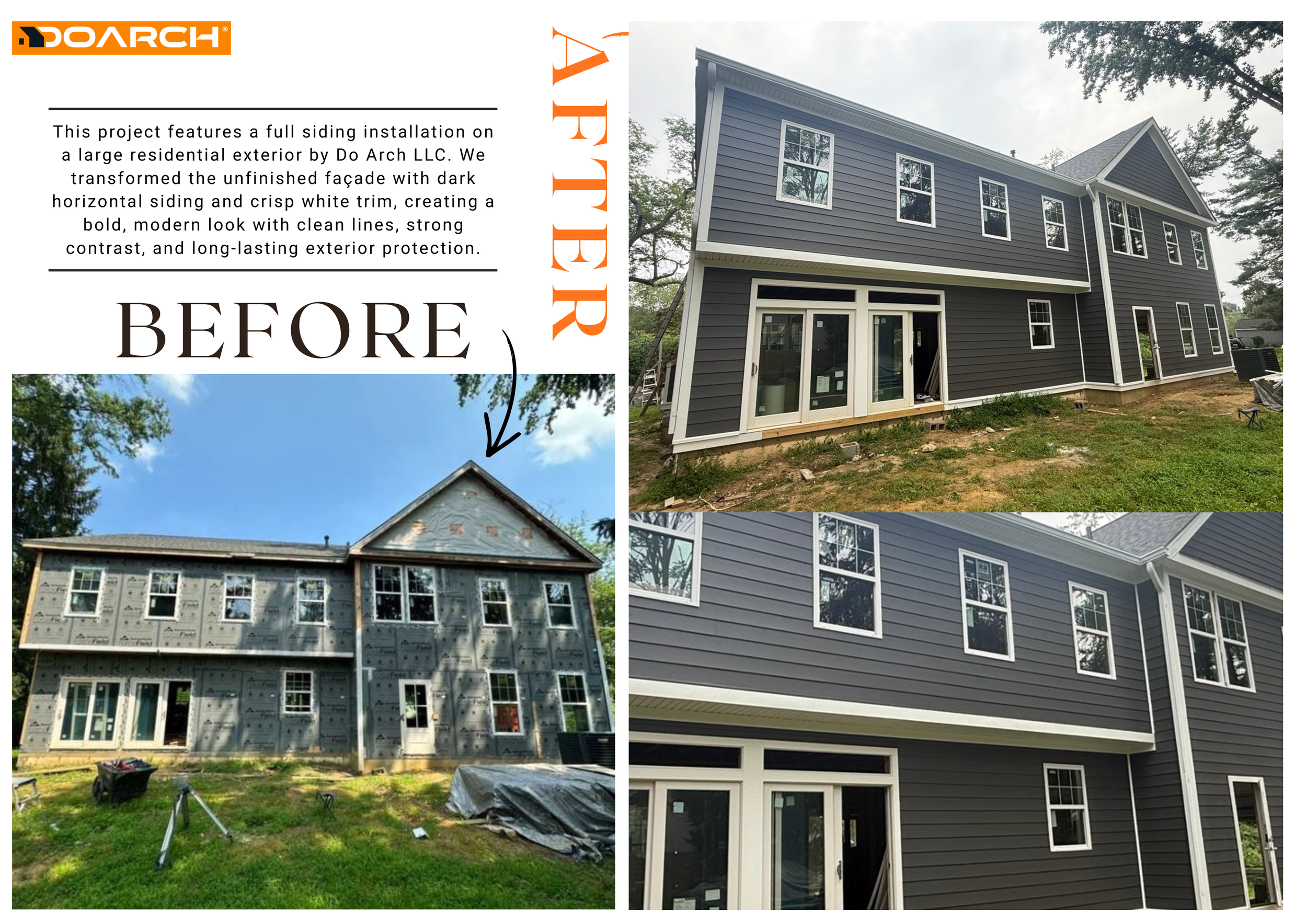 Comparison of two residential building exteriors, one in the process of construction with unstained sheathing, and the other completed with dark gray horizontal siding and white trim.