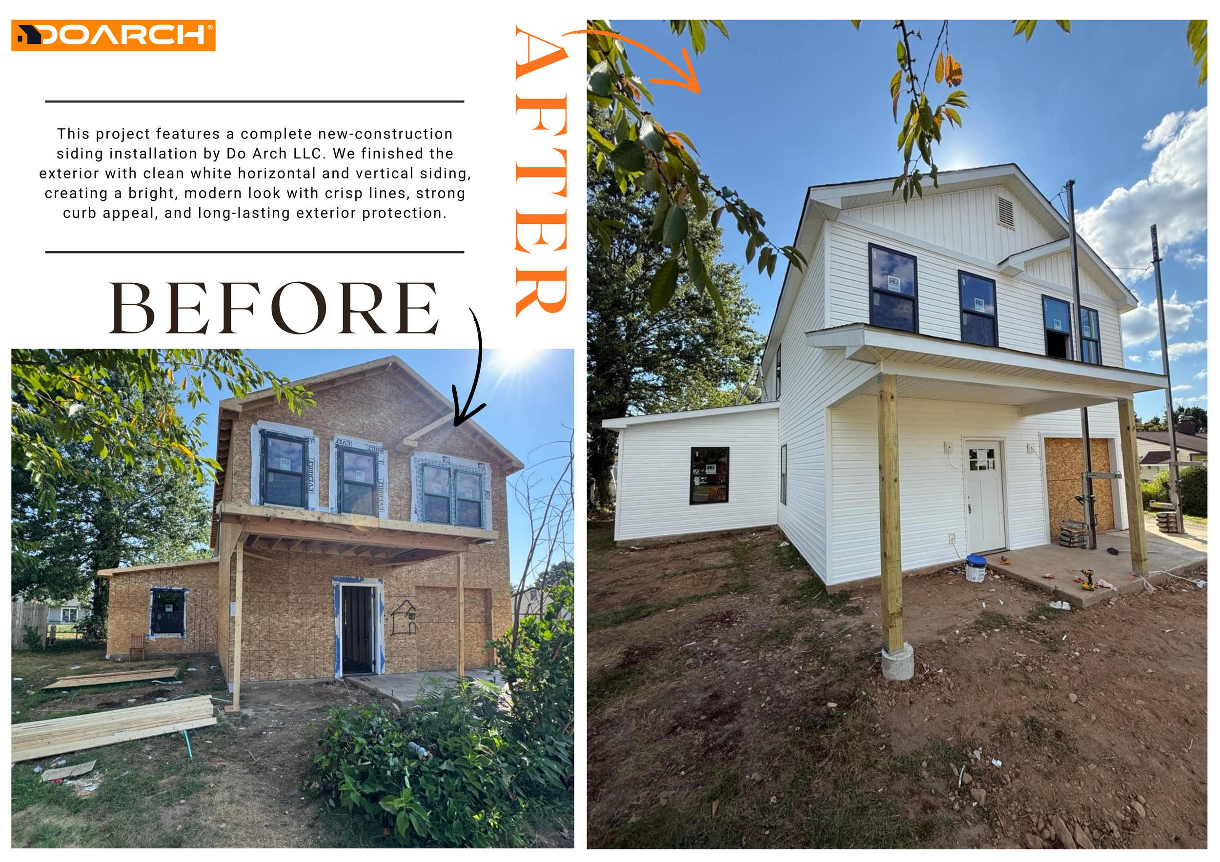 Comparison of two images showing a house under construction, with the left image labeled 'Before' showing the house with unfinished siding and the right image showing the house with finished white siding and landscaping.