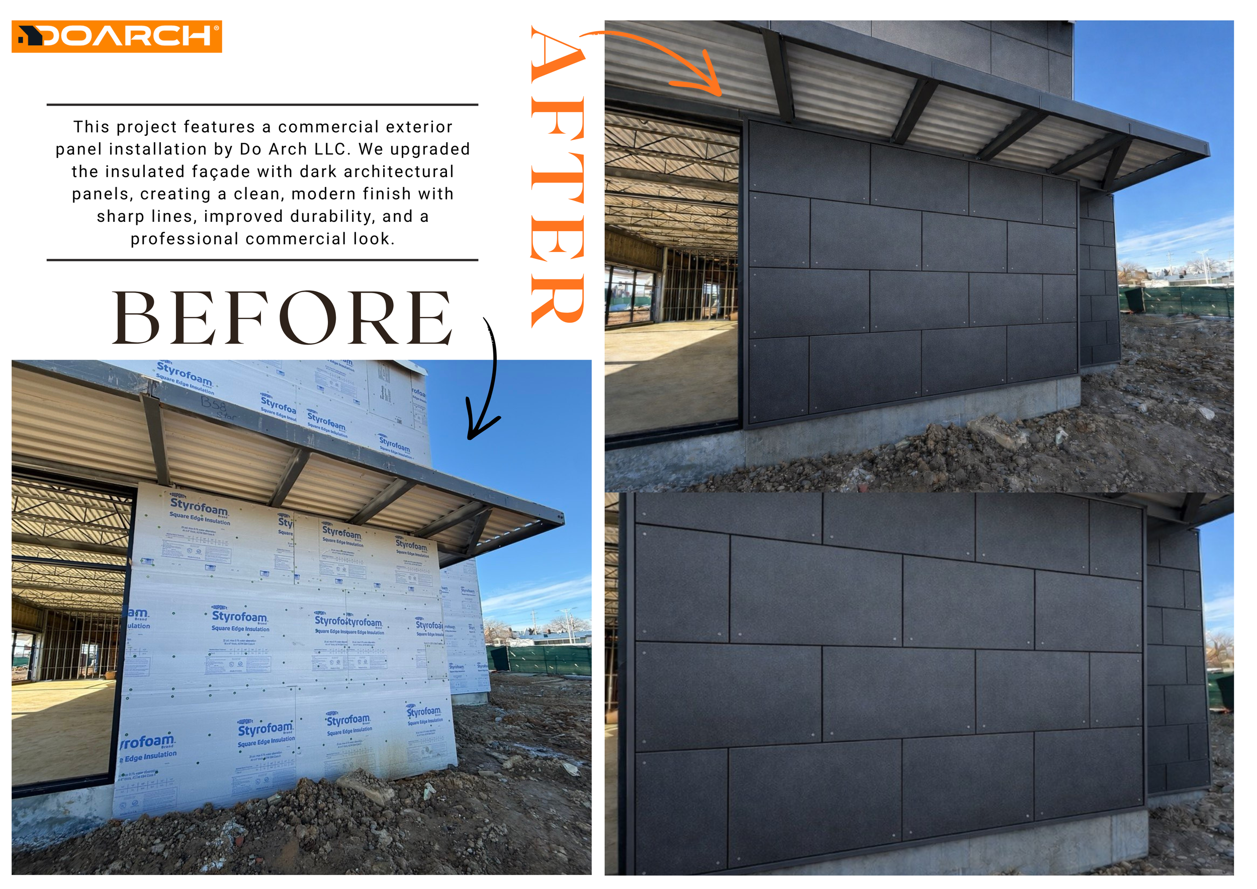 Comparison of building exterior wall panels before and after installation. The left side shows uninstalled insulation panels with blue and white packaging, while the right side displays dark architectural panels installed on the building's exterior.