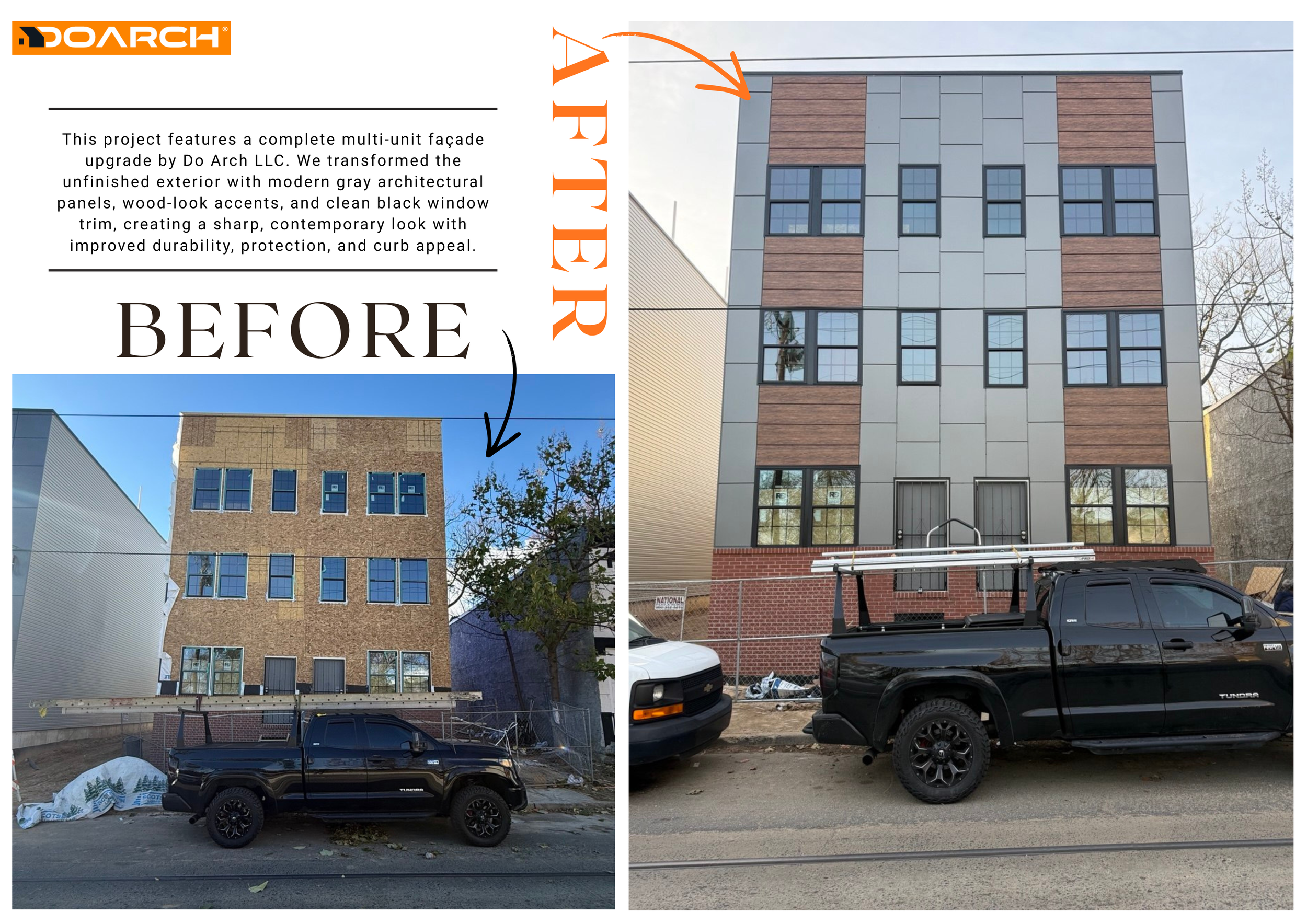 Side-by-side comparison of a building's exterior before and after renovation, showing modern gray architectural panels, wood-look accents, and black window trim, with construction vehicles parked in front.