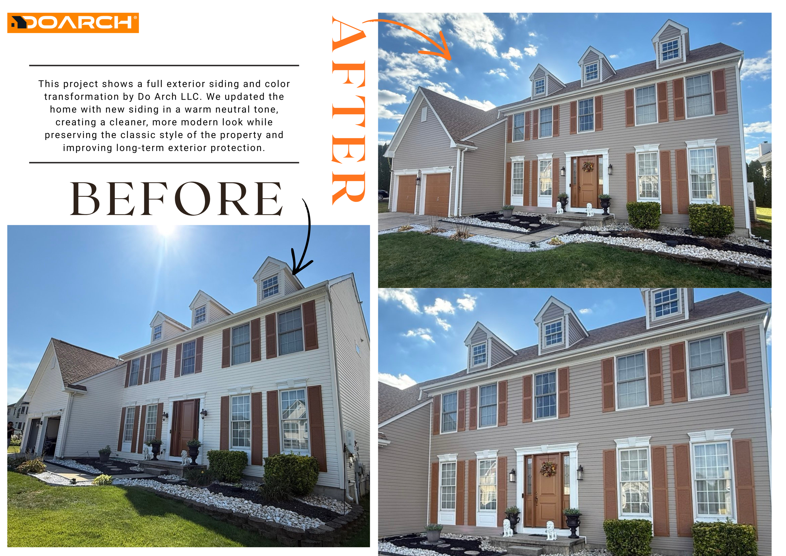 Comparison of a house before and after a siding and exterior transformation. The 'before' image shows the house with white siding, while the 'after' image shows the house with new beige siding, brown shutters, and updated exterior decorations.