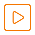 Orange play button icon inside a square border.