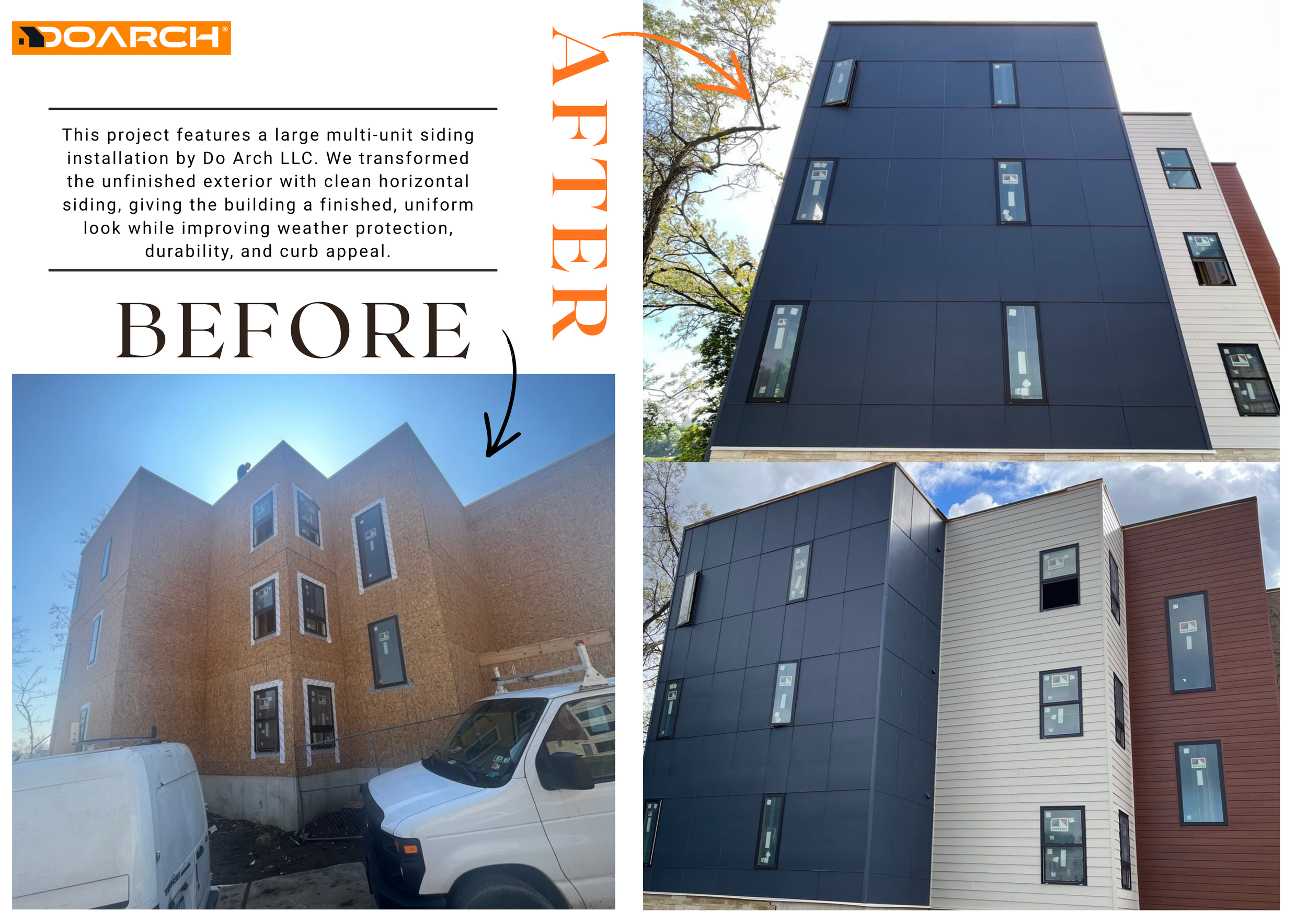 Side-by-side comparison of a building with unfinished exterior featuring horizontal siding before renovation and the same building with a finished, dark-colored vertical siding after completion, showing weather protection and modern appearance.