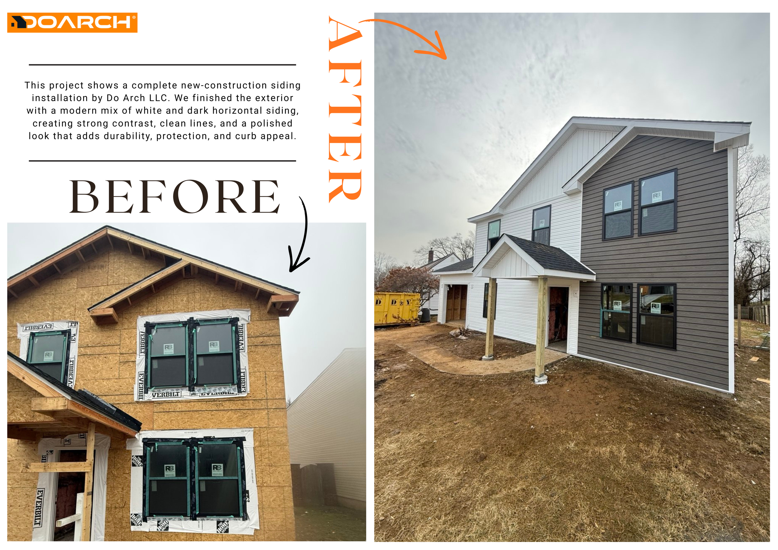 A split image showing a house under construction on the left and a completed house with gray and white siding on the right.