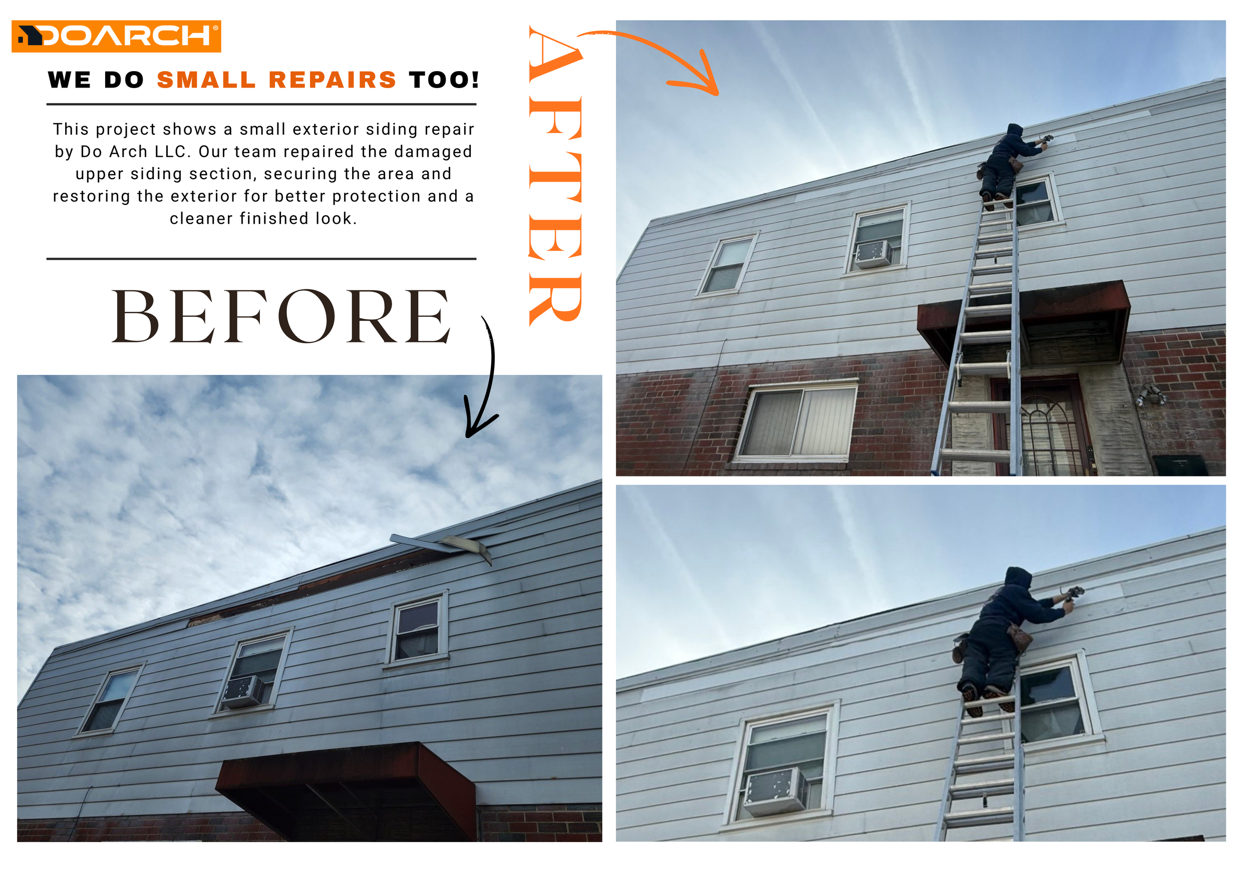 A flyer for a roofing repair company called Do Arch LLC, showing a comparison of a house with damaged exterior siding being repaired, with 'Before' labeled and an image of a worker fixing the siding on the right.
