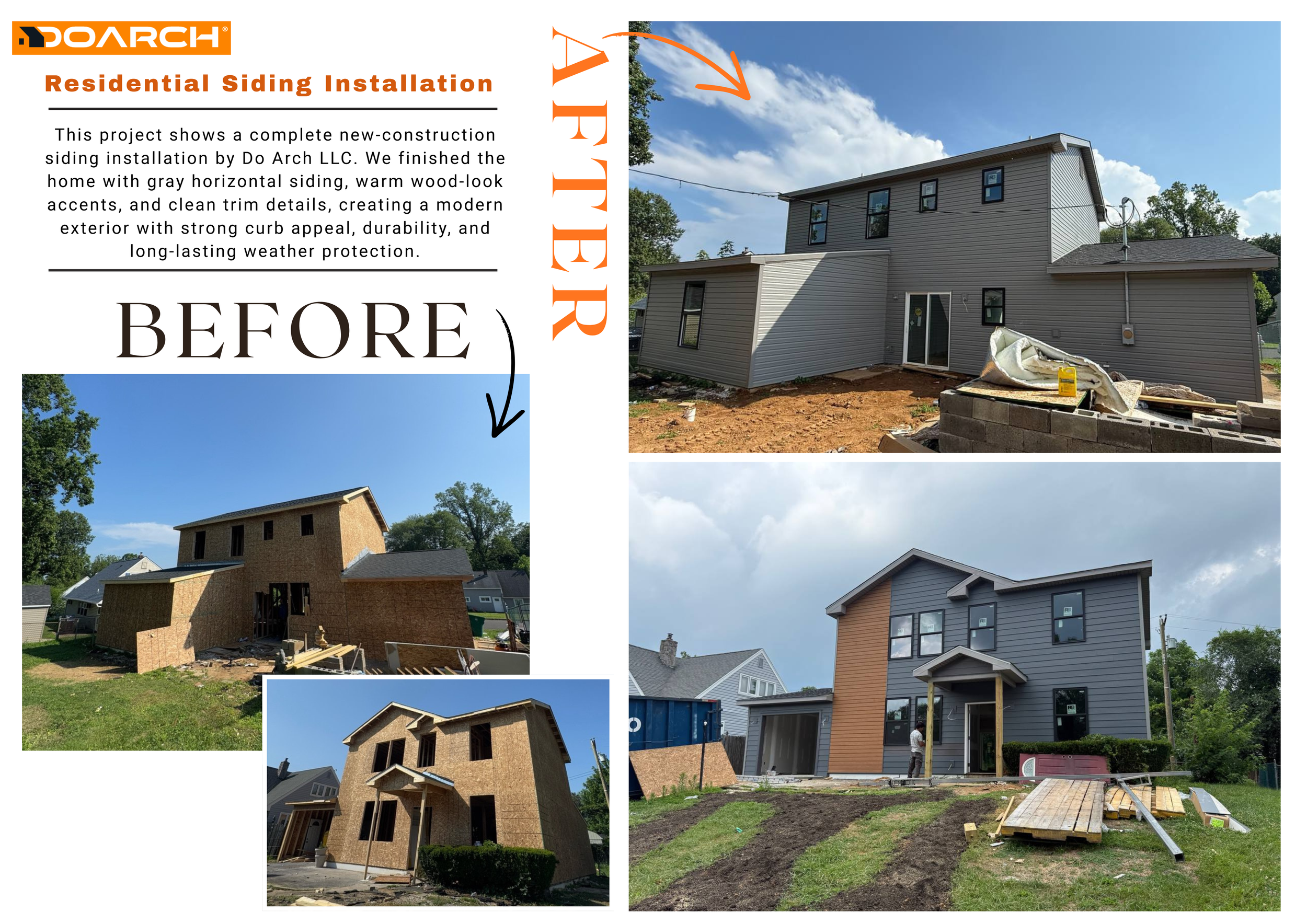 Before and after comparison of residential siding installation. The top right shows a house with gray horizontal siding, while the bottom left shows the same house under construction with exposed wooden framing and no siding.