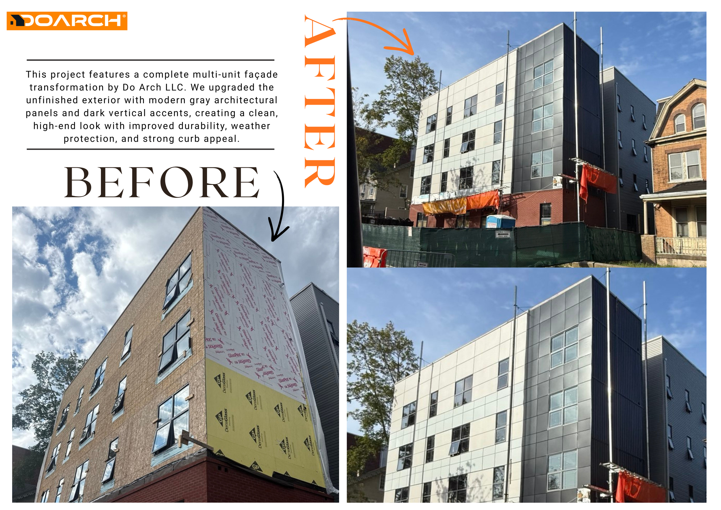 Side-by-side images of a building before and after exterior renovation, with the left showing an unfinished exterior covered in construction wrap and the right showing a completed modern gray facade with dark vertical accents.