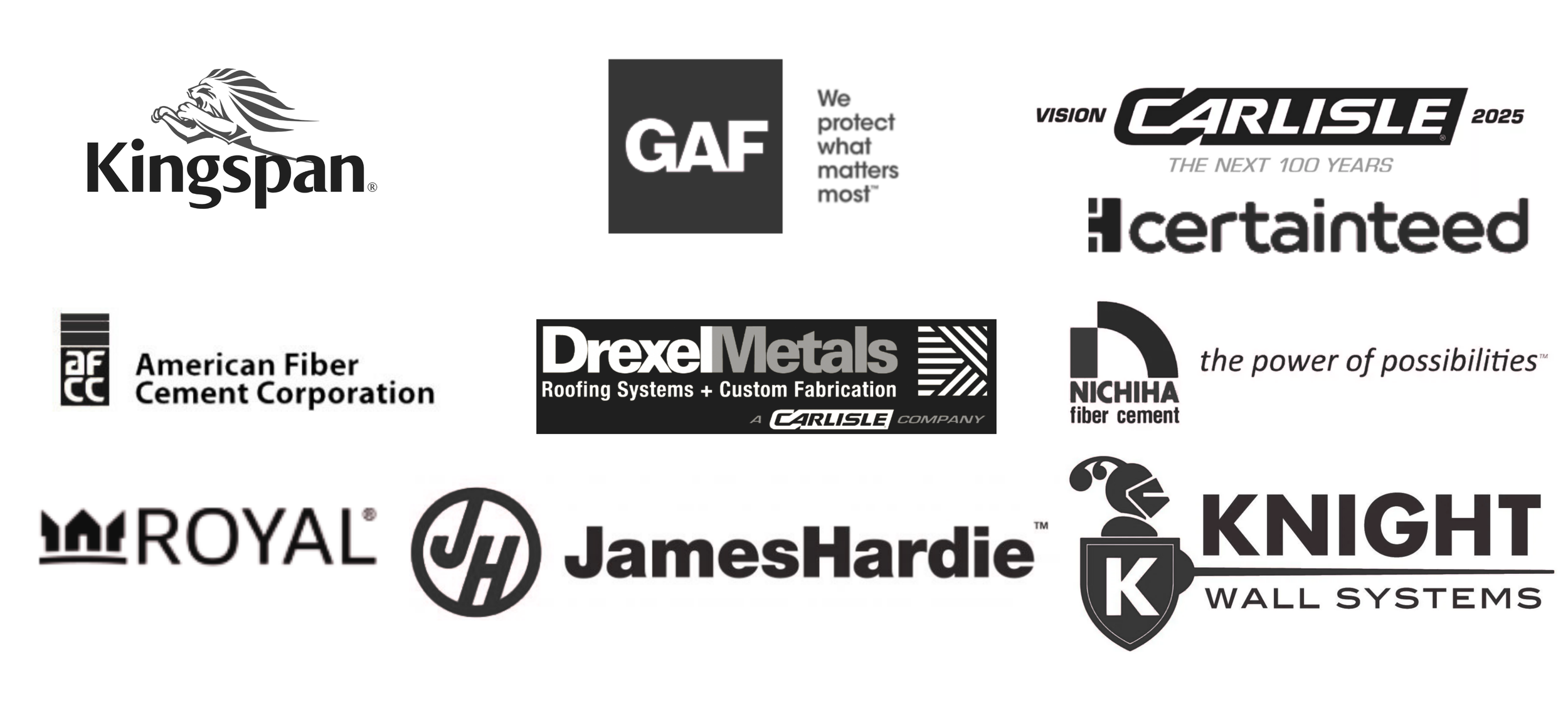 A collage of black and white logos of various building materials and construction companies, including Kingspan, GAF, Carlisle, CertainTeed, American Fiber Cement Corporation, Drexel Metals, Nichiha, Royal, James Hardie, and Knight Wall Systems.