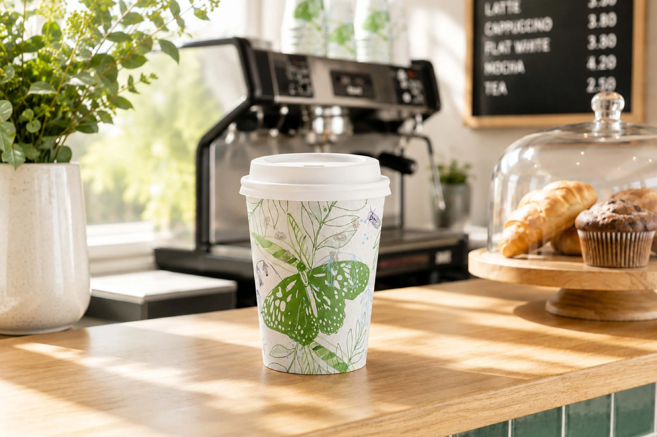 Whimsical repeat pattern illustration featuring butterflies, insects, and botanical elements created for BioPak BioCup packaging.