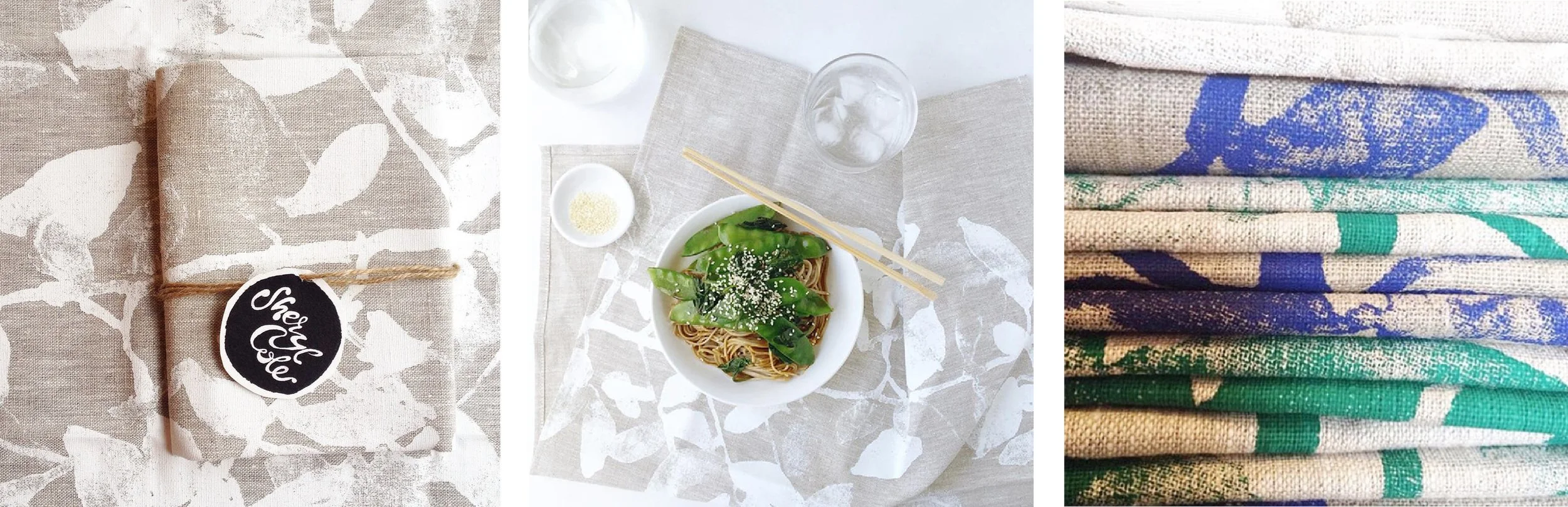 Nature-inspired linen homewares collection featuring hand screen printed botanical surface designs on tea towels and cushions.