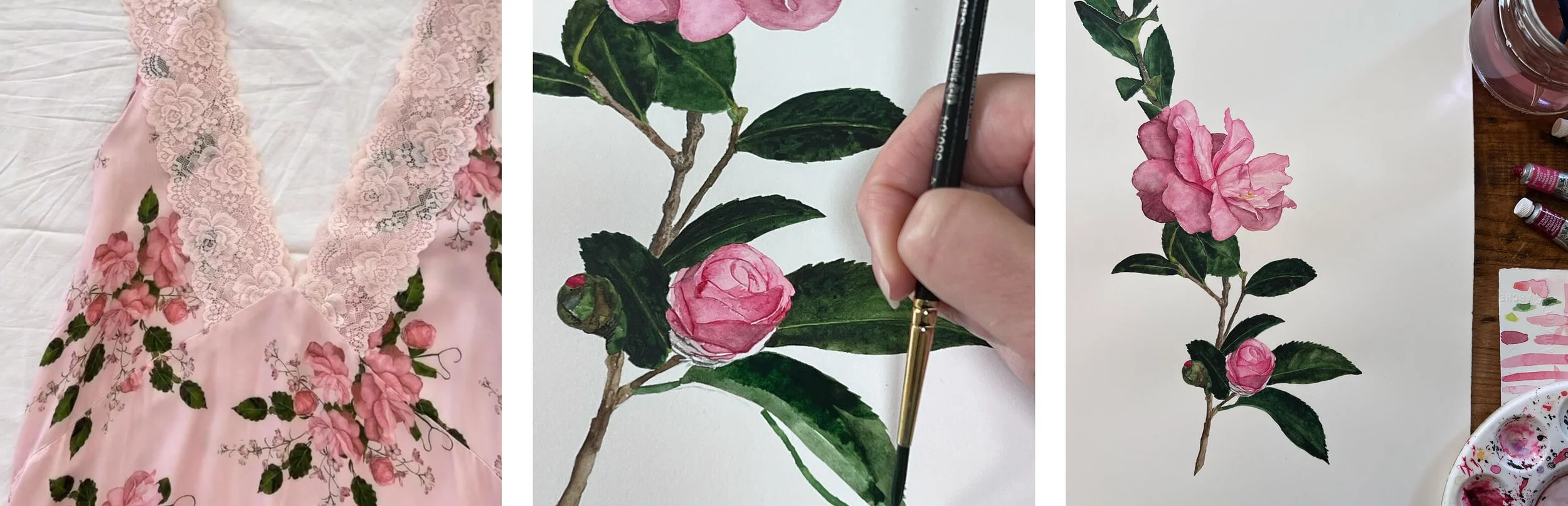 Watercolour delphinium and camellia botanical illustrations developed for Une Piece swimwear textile print collection.