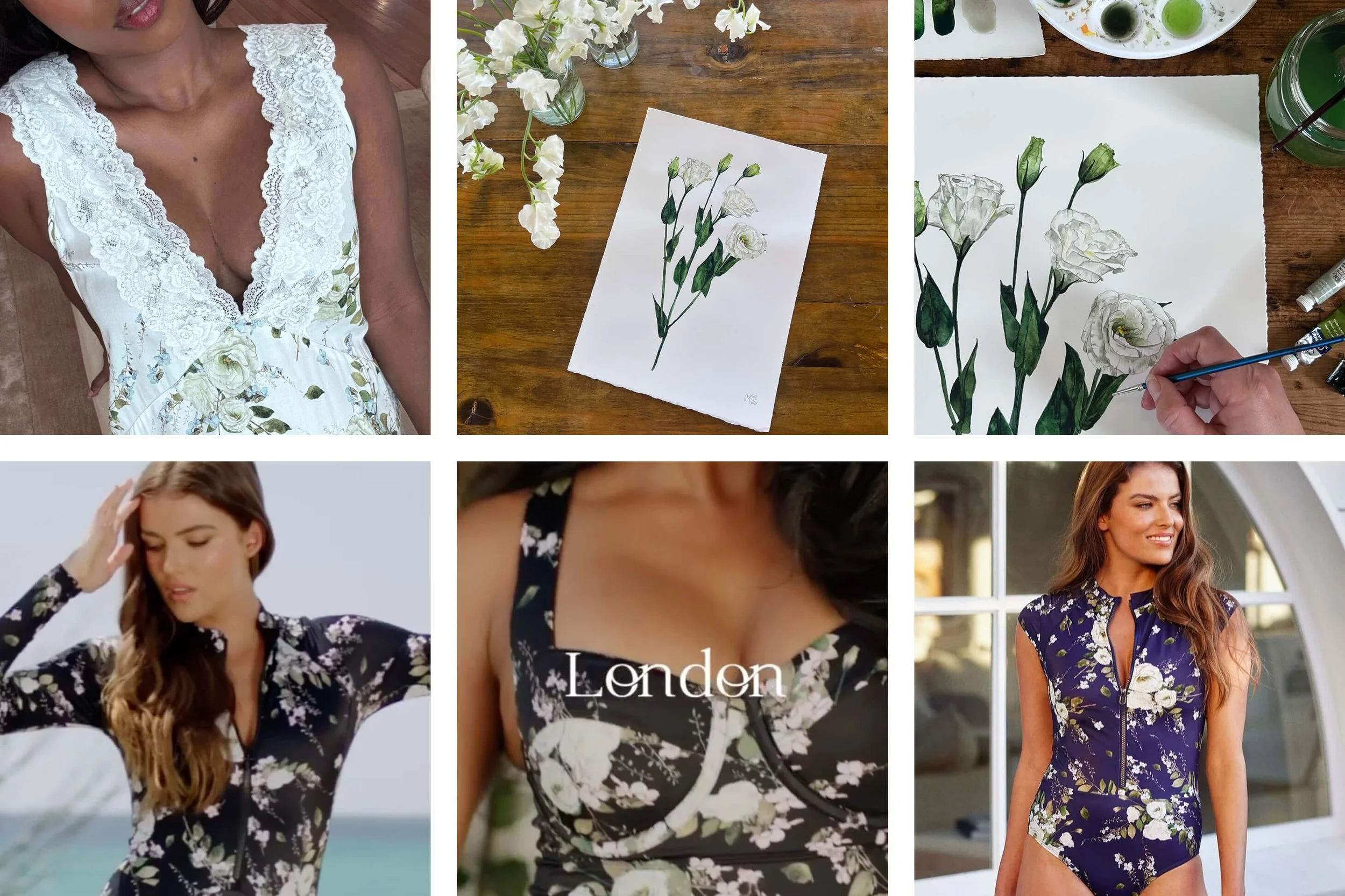 Hand-painted skyflower and white lisianthus botanical illustrations created for Une Piece textile print design.