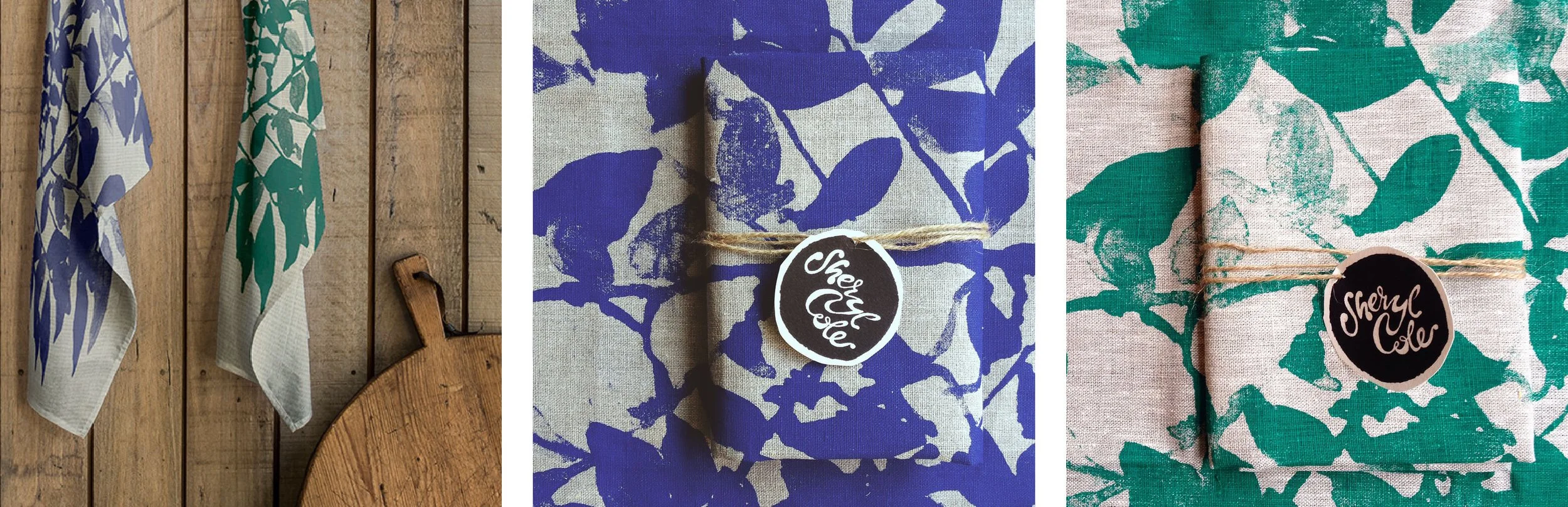 Nature-inspired linen homewares collection featuring hand screen printed botanical surface designs on tea towels and cushions.