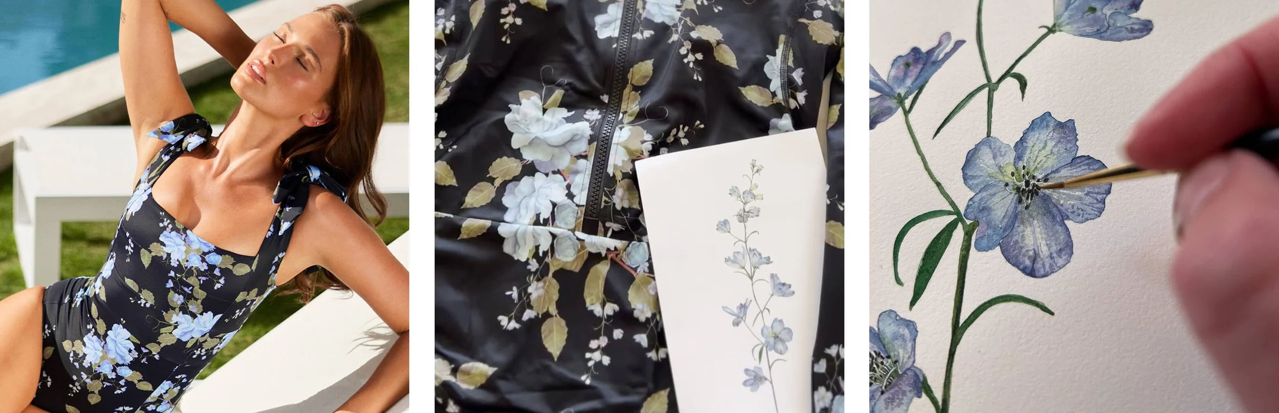 Watercolour delphinium and camellia botanical illustrations developed for Une Piece swimwear textile print collection.