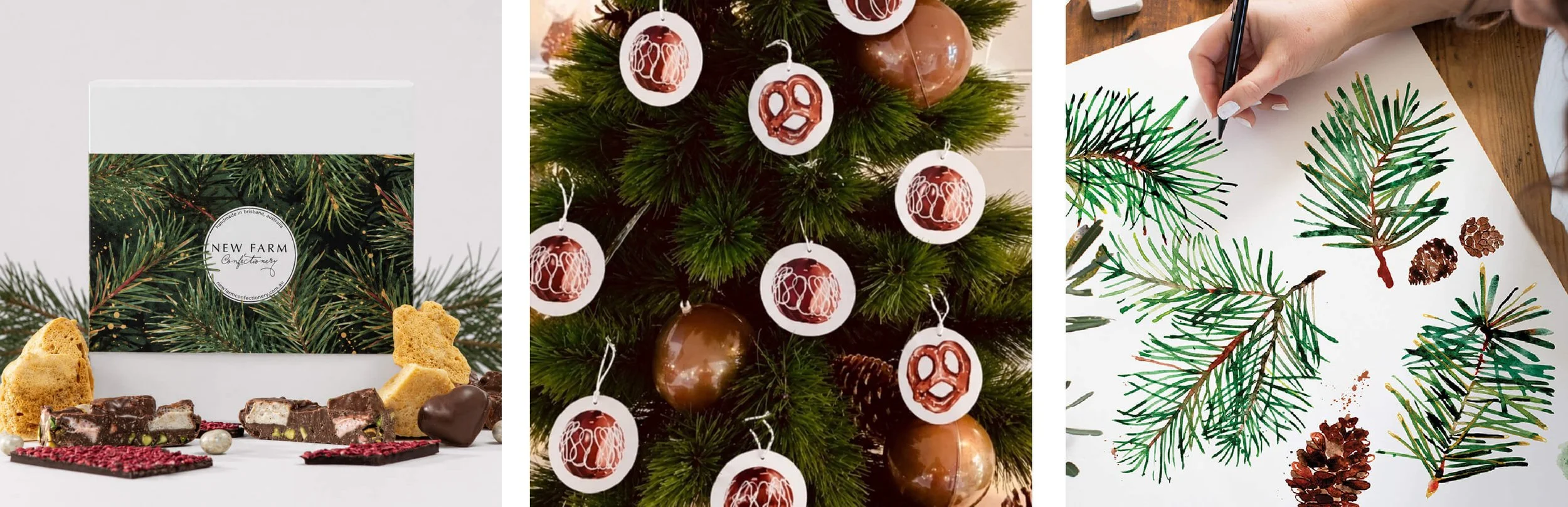 Festive confectionery illustrations and Christmas gift tags created for New Farm Confectionery retail styling and packaging.