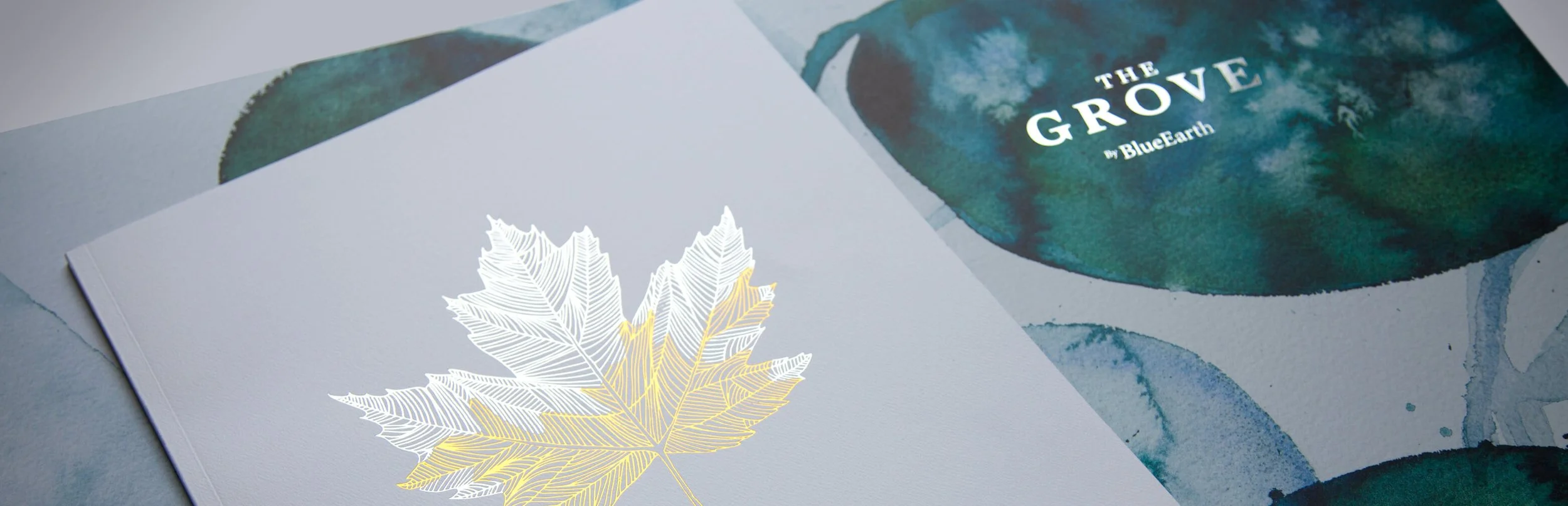 Leaf motif branding illustration created in watercolour and vector form for The Grove apartment development presentation materials.
