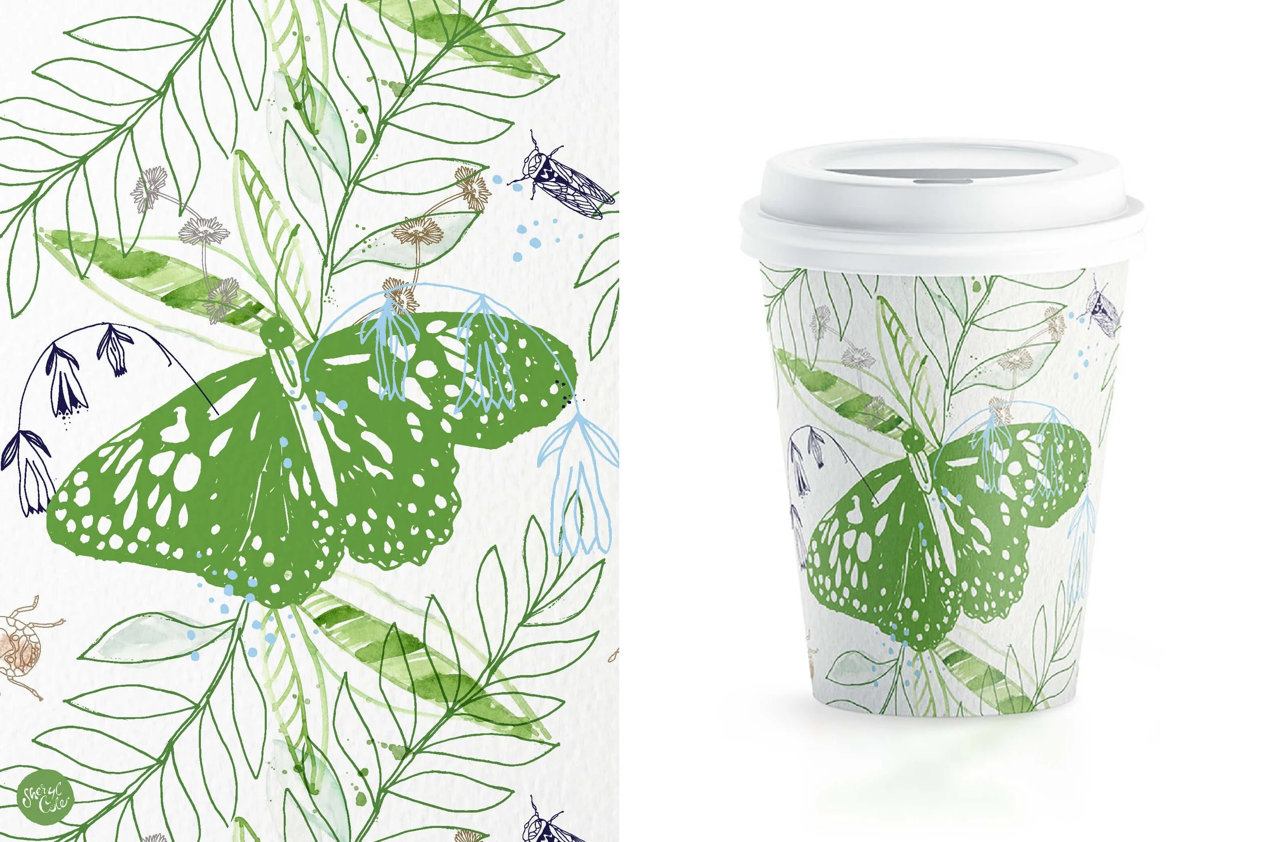 Whimsical repeat pattern illustration featuring butterflies, insects, and botanical elements created for BioPak BioCup packaging.