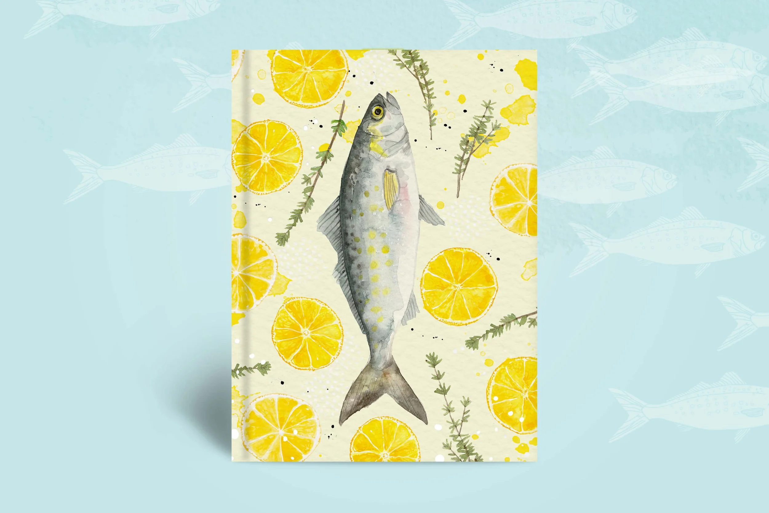 Watercolour food illustration featuring Australian Salmon with lemon slices, thyme, and olive oil for a recipe book concept.