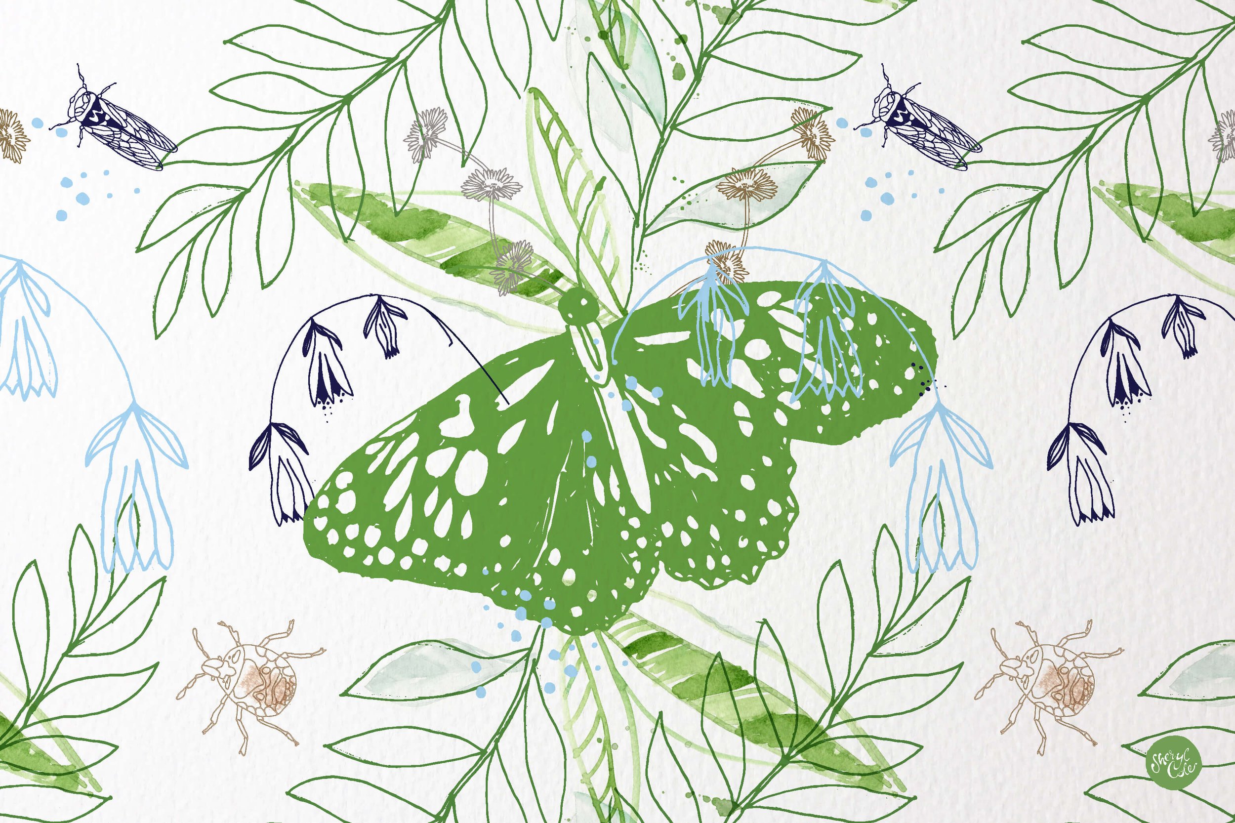 Whimsical repeat pattern illustration featuring butterflies, insects, and botanical elements created for BioPak BioCup packaging.