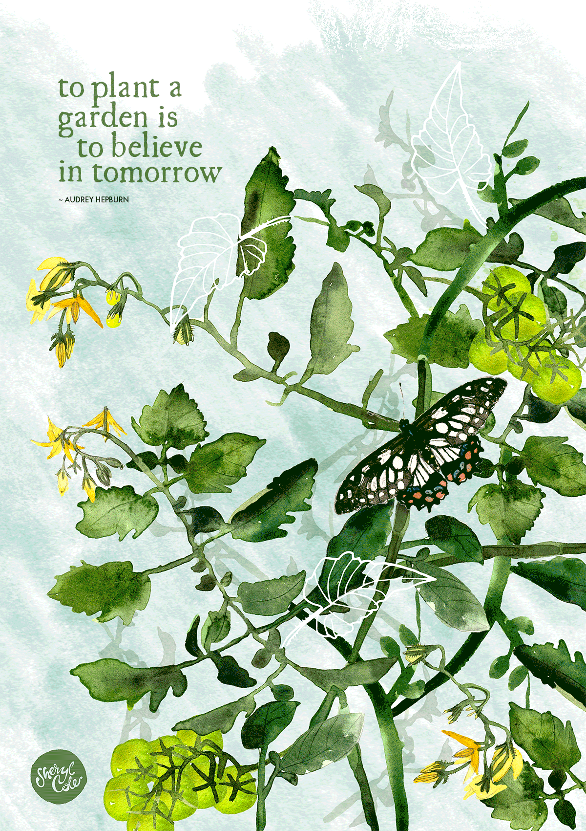 Botanical watercolour illustration of lush cherry tomato vines and a swallowtail butterfly in a vibrant garden setting.
