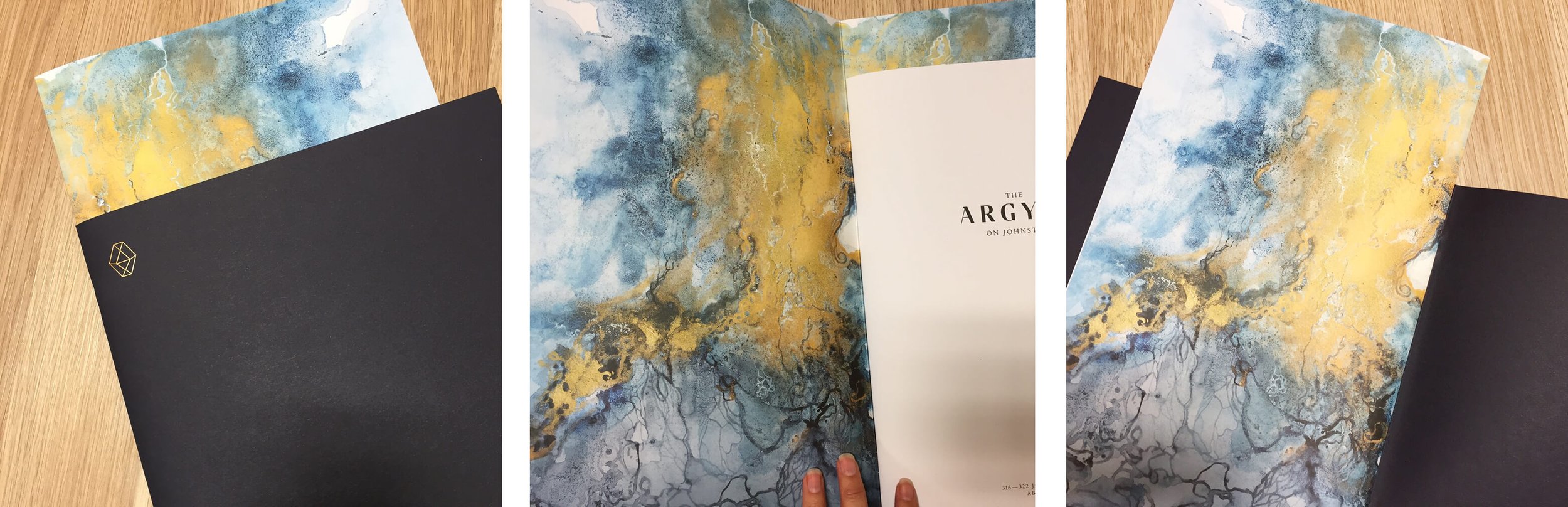 Fluid watercolour and gold ink illustration with contemporary marbling textures created for The Argyle property guides.