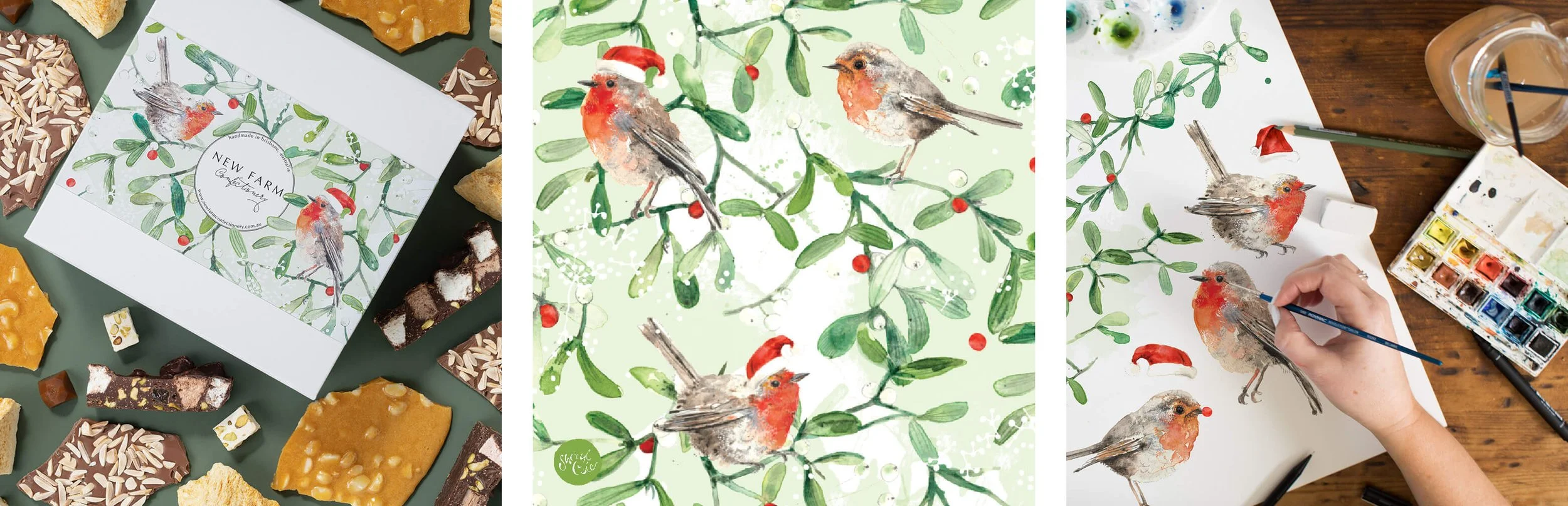 Hand-painted watercolour red robin and mistletoe packaging illustration created for New Farm Confectionery Christmas seasonal gift box campaign.