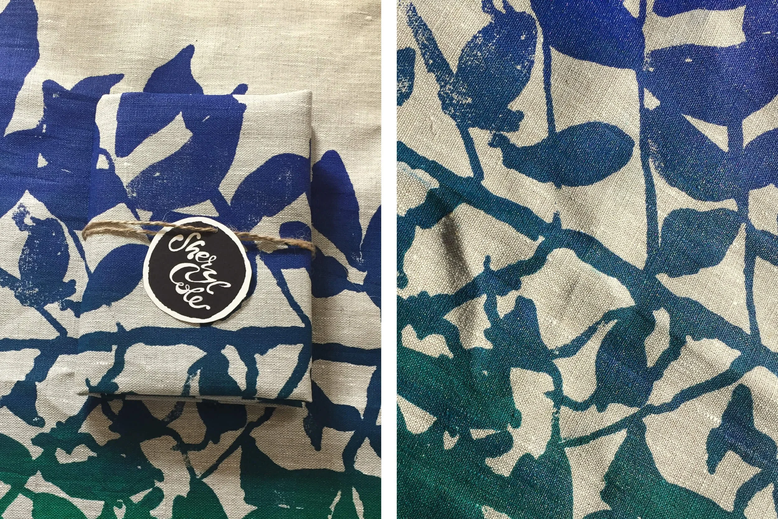 Nature-inspired linen homewares collection featuring hand screen printed botanical surface designs on tea towels and cushions.