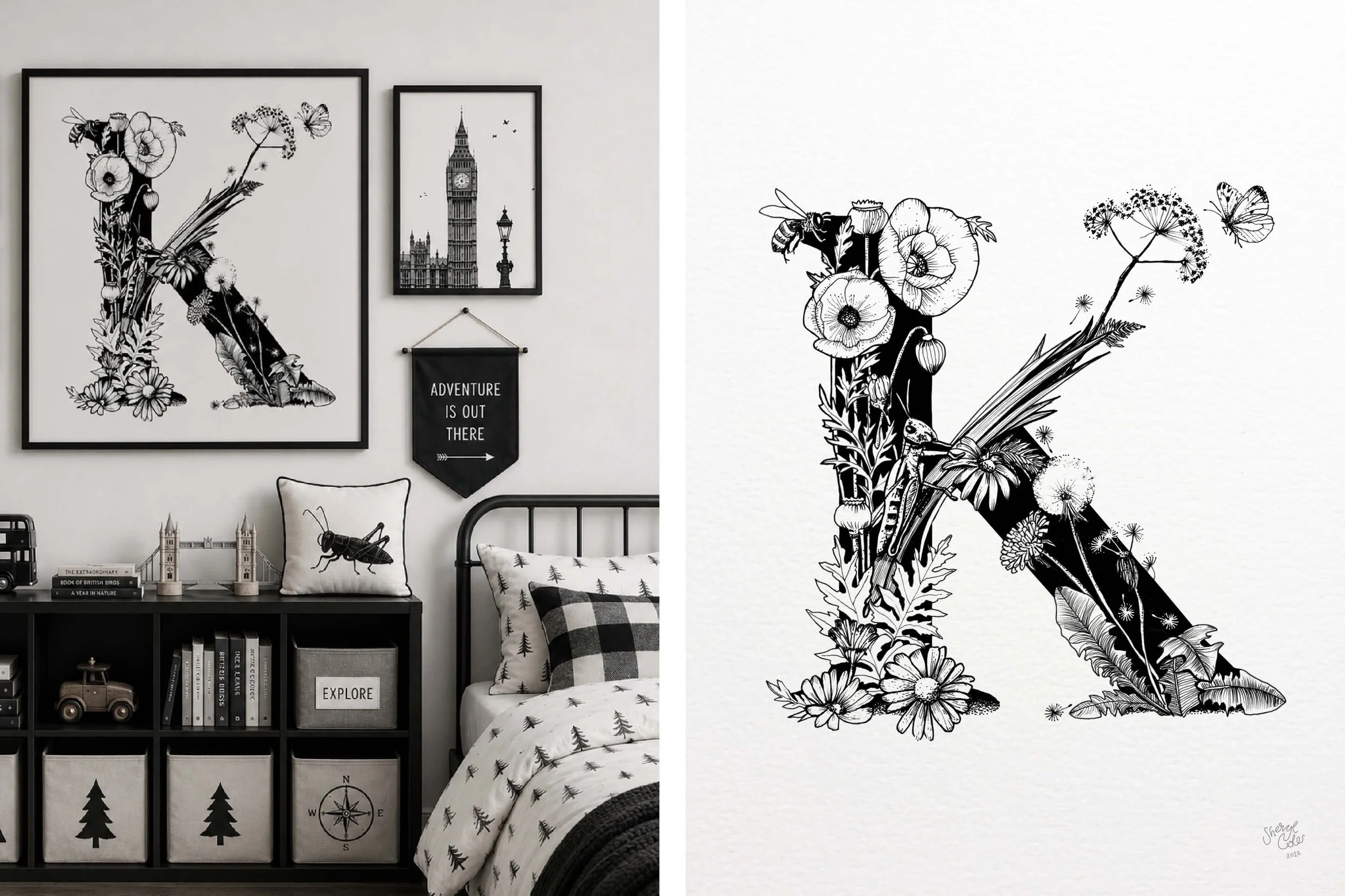 Black-and-white ink illustration of the letter K with playful spring-inspired details for children’s room decor.