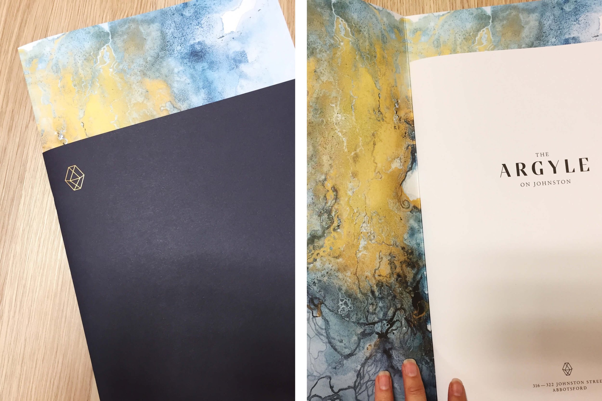 Fluid watercolour and gold ink illustration with contemporary marbling textures created for The Argyle property guides.